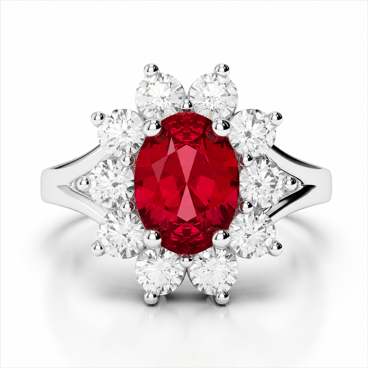 14k White Gold Halo Ruby and Diamond Ring