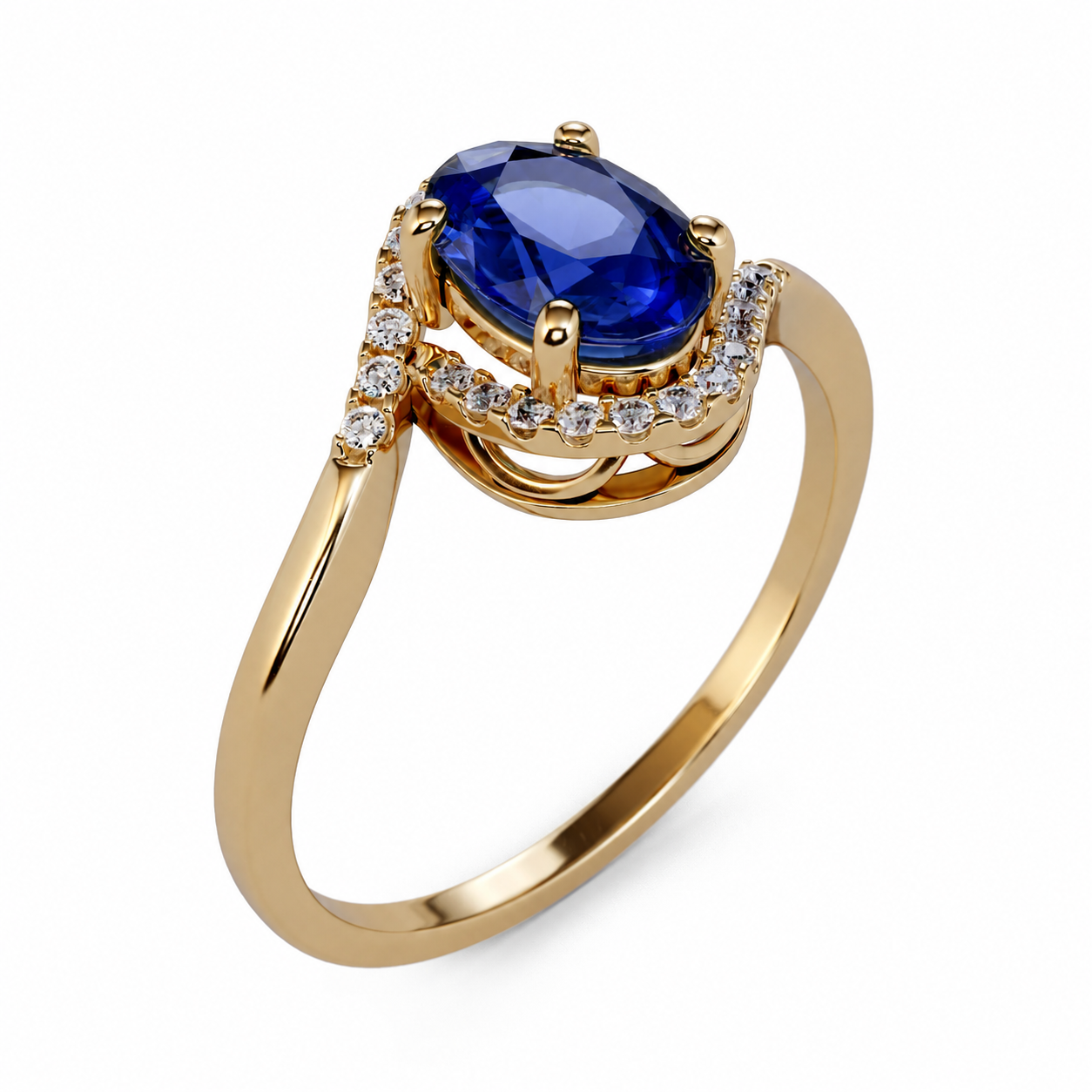 14k Yellow Gold Halo Sapphire and Diamond Ring