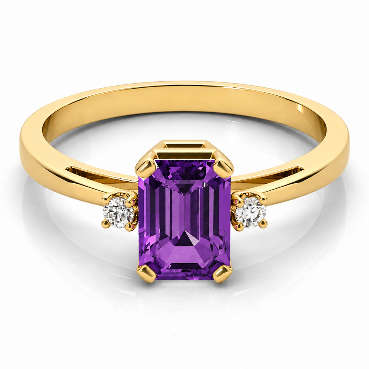 14k Yellow Gold Three-Stone Amethyst and Diamond Ring