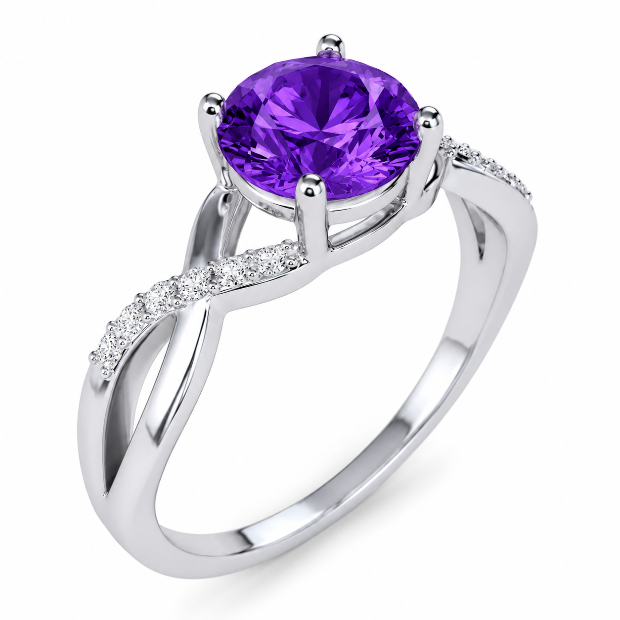 14k White Gold Twist Amethyst and Diamond Ring