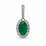 14k White Gold Emerald and Diamond Halo Pendant