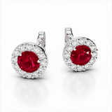 14k White Gold Ruby and Diamond Halo Stud Earrings