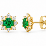 14k Yellow Gold Emerald and Diamond Halo Stud Earrings