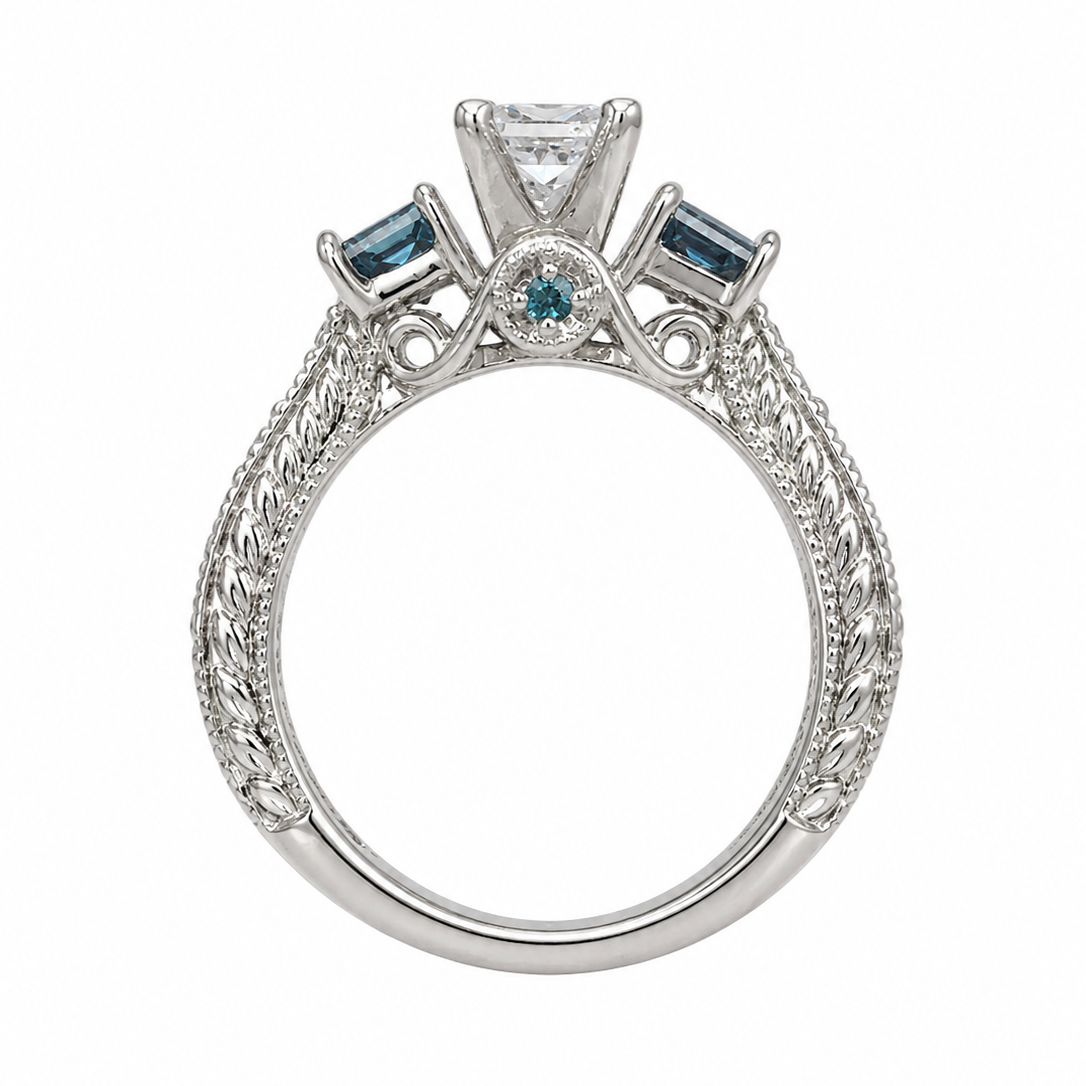 Estate 14k White Gold Blue Diamond Princess-Cut Ring