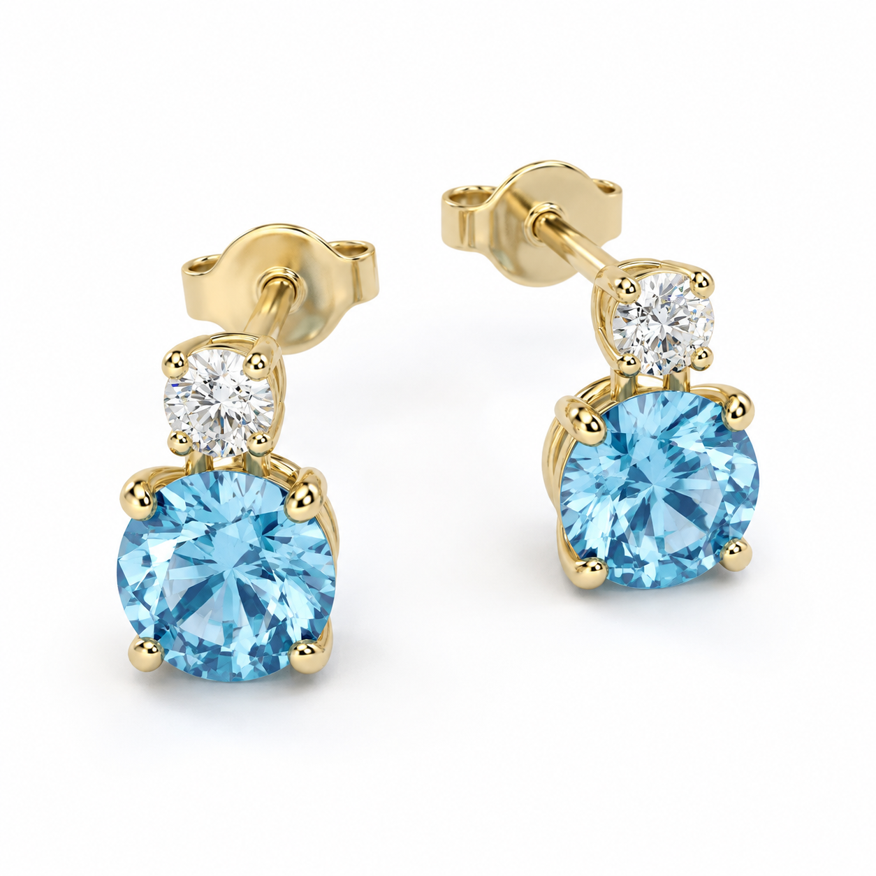 14k Yellow Gold Blue Topaz and Diamond Stud Earrings
