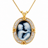 Estate 14k Yellow Gold Agate and Diamond Cameo Necklace