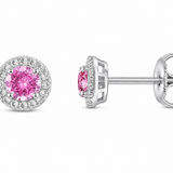14k White Gold Pink Sapphire and Diamond Halo Stud Earrings