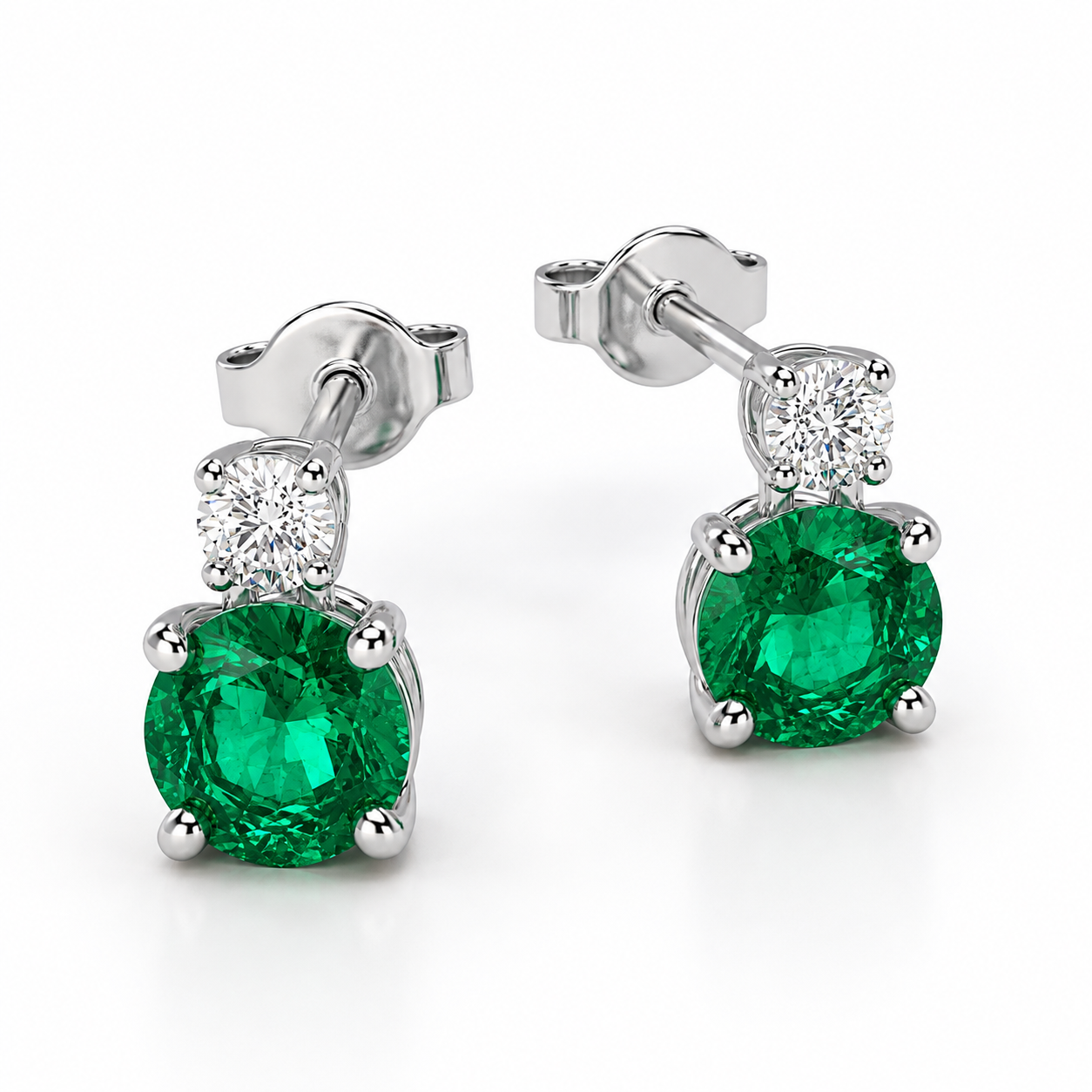 14k White Gold Emerald and Diamond Stud Earrings