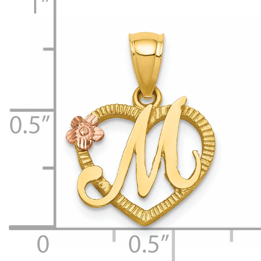 14k Two-Tone Heart Letter M  Initial Pendant