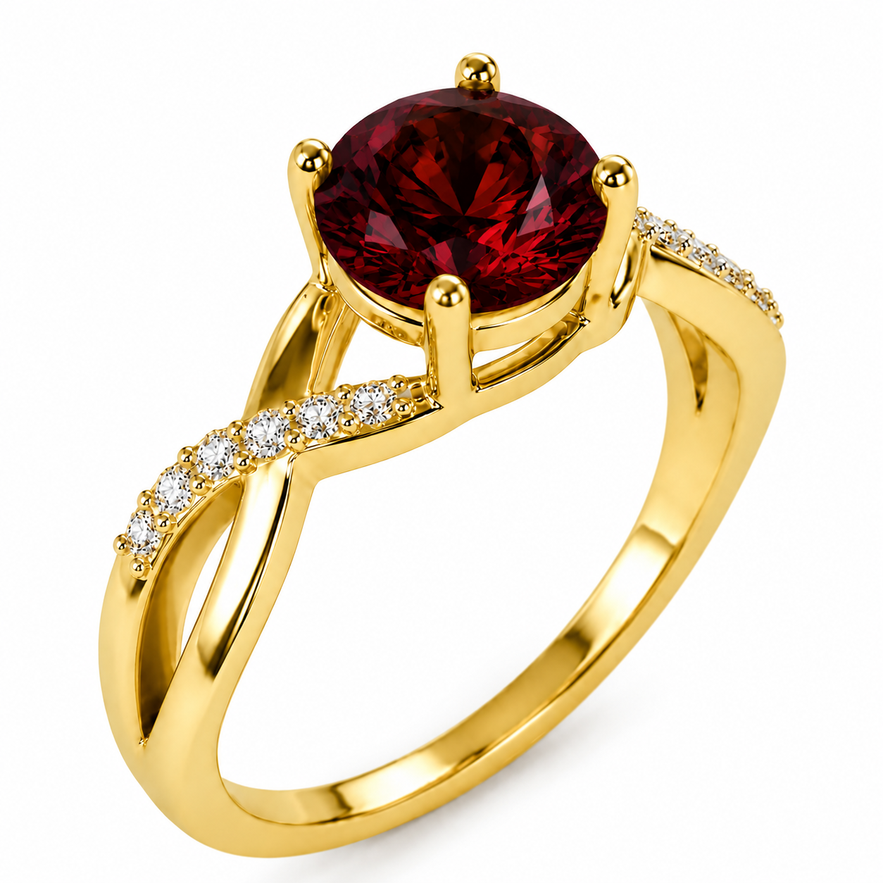14k Yellow Gold Twist Garnet and Diamond Ring