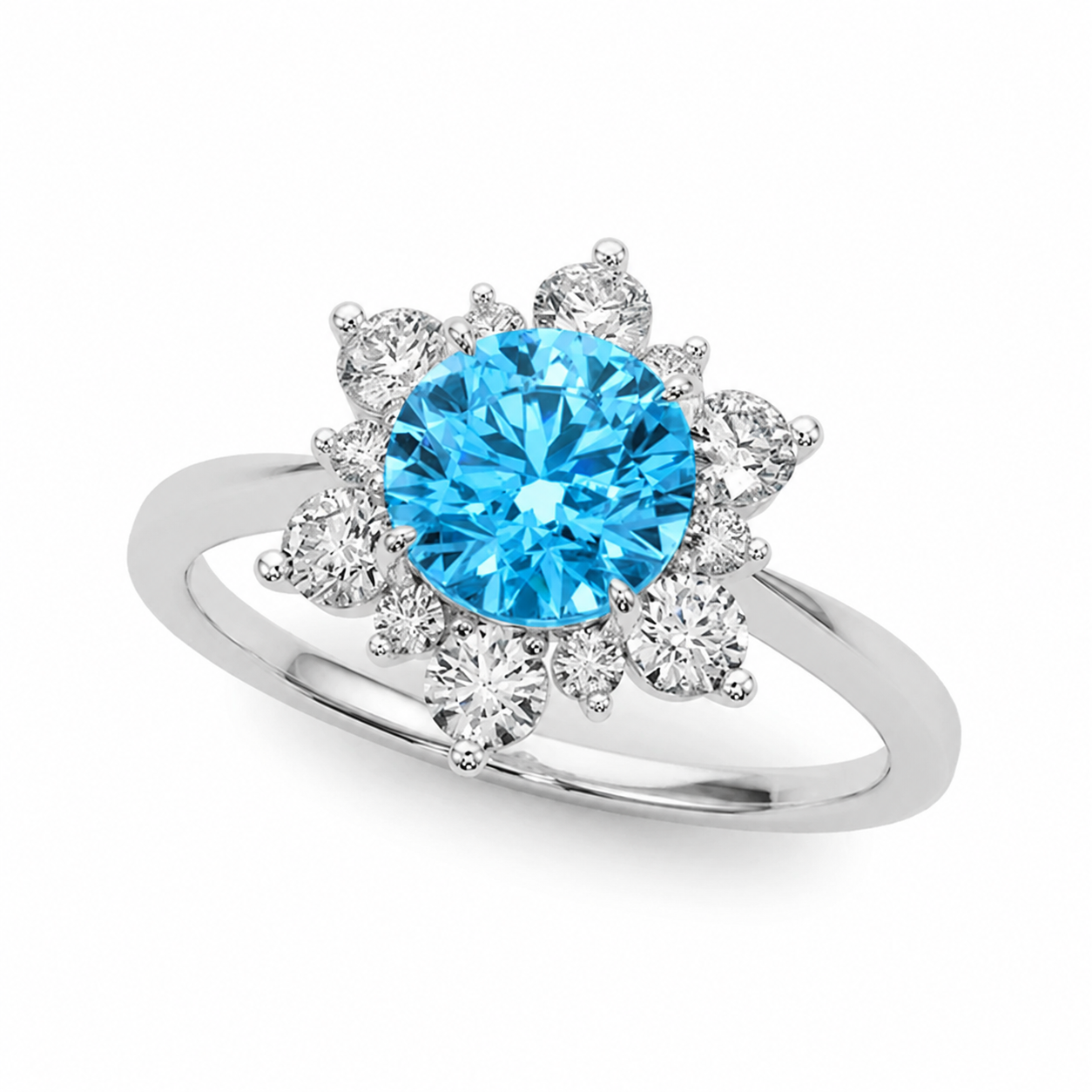 14k White Gold Halo Blue Topaz and Diamond Ring