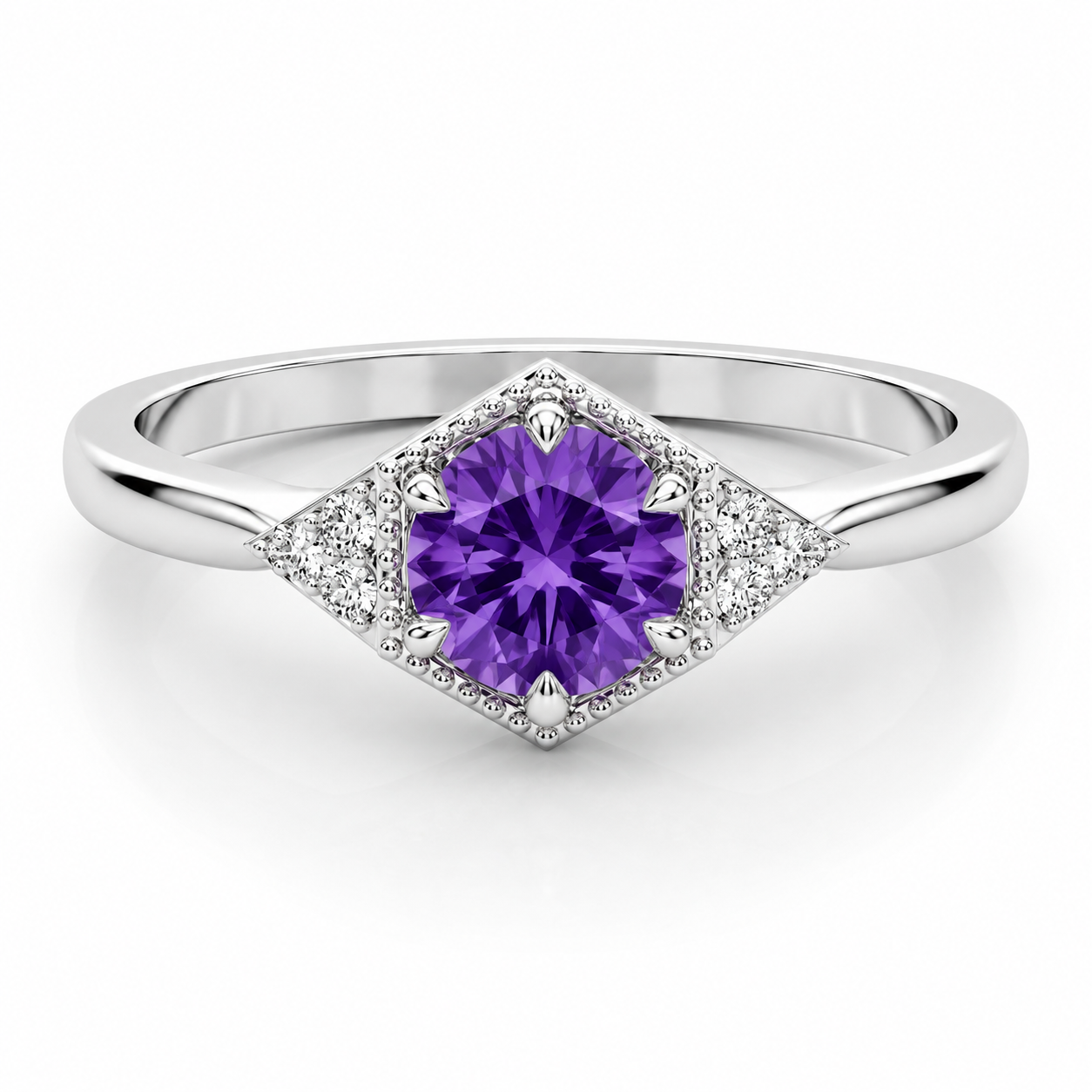 14k White Gold Cluster Amethyst and Diamond Ring