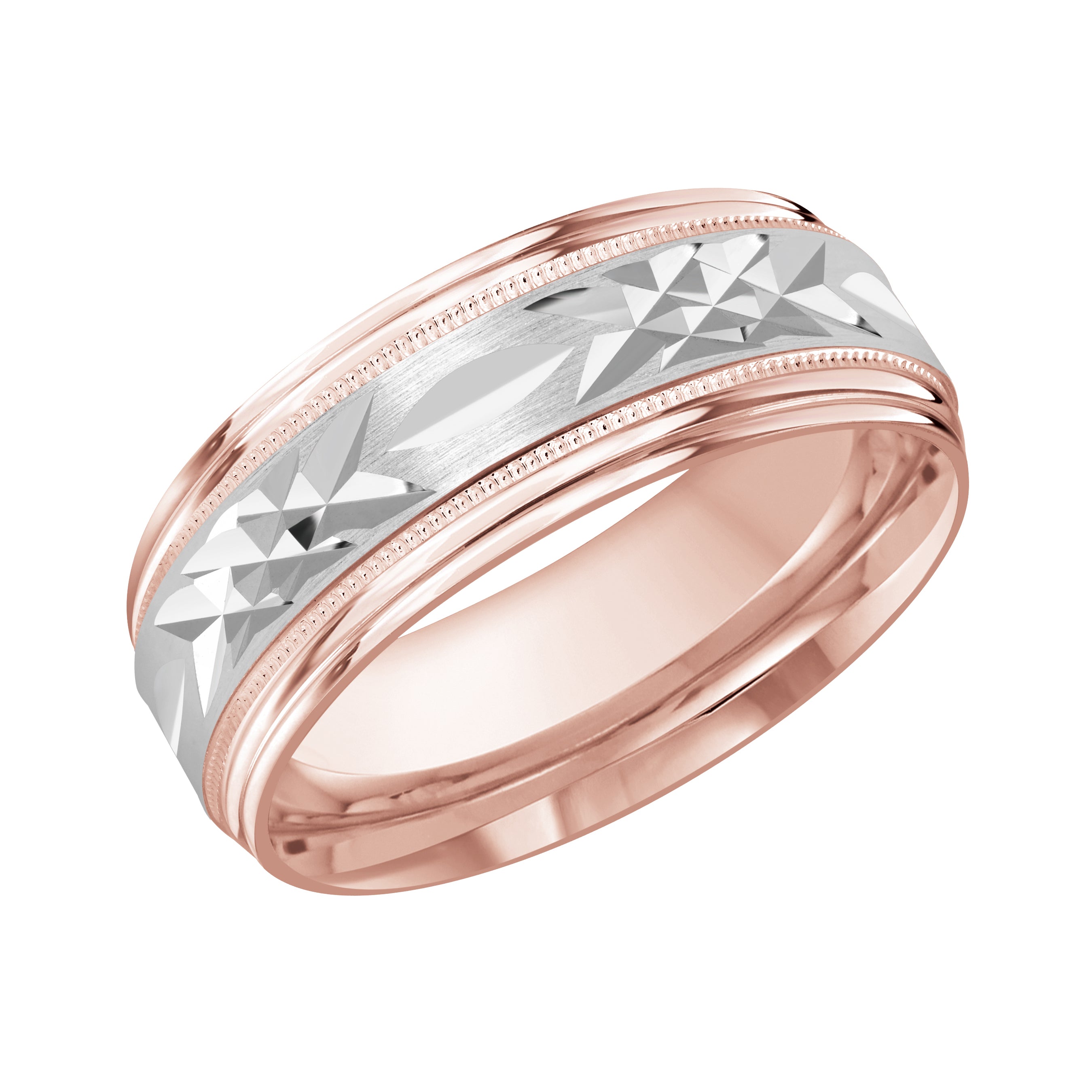 8mm 10K Rose and White Gold Geometric Facet Wedding Band