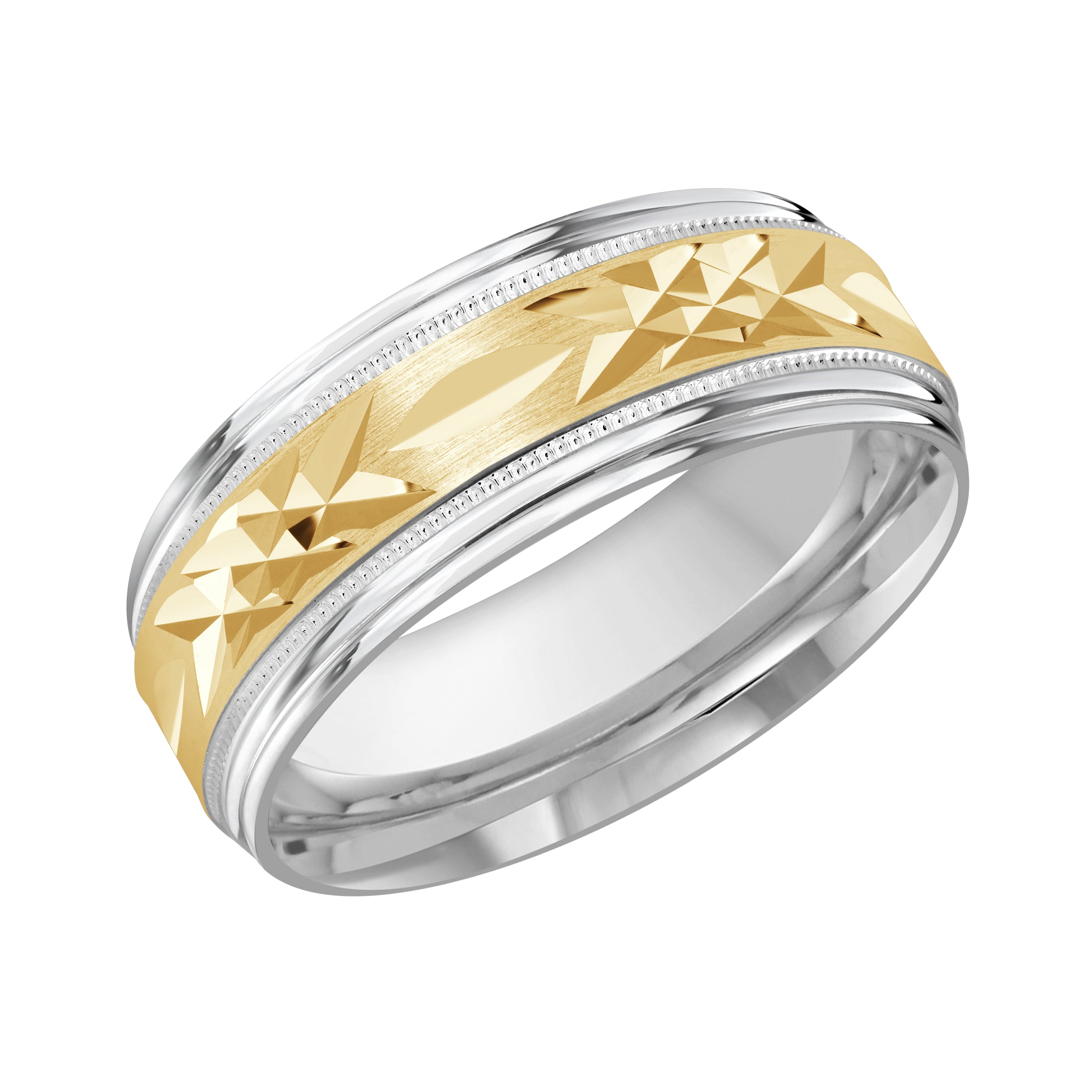 8mm 10K White and Yellow Gold Geometric Facet Wedding Band