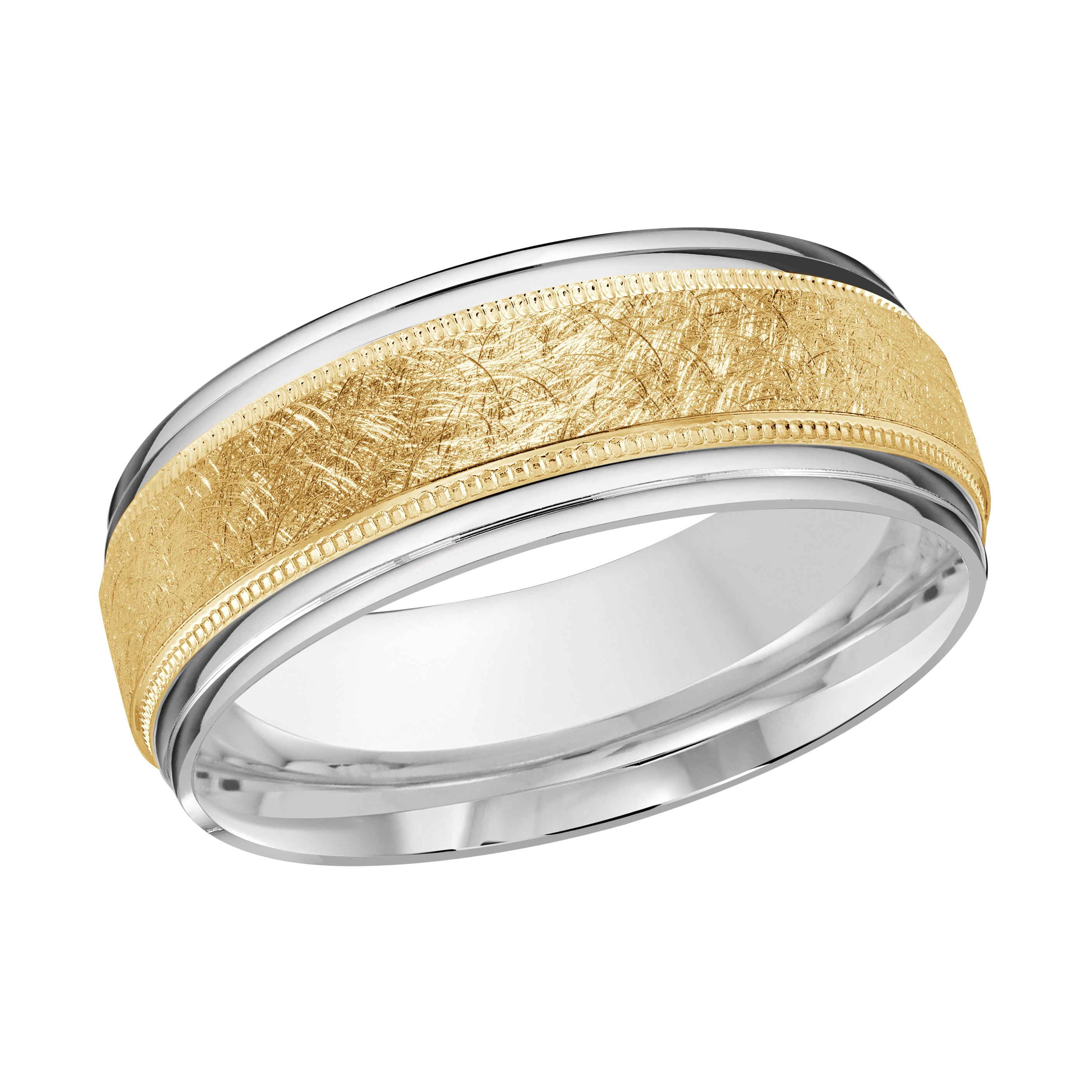 8mm 18K White and Yellow Gold Scratch-Finish Wedding Band