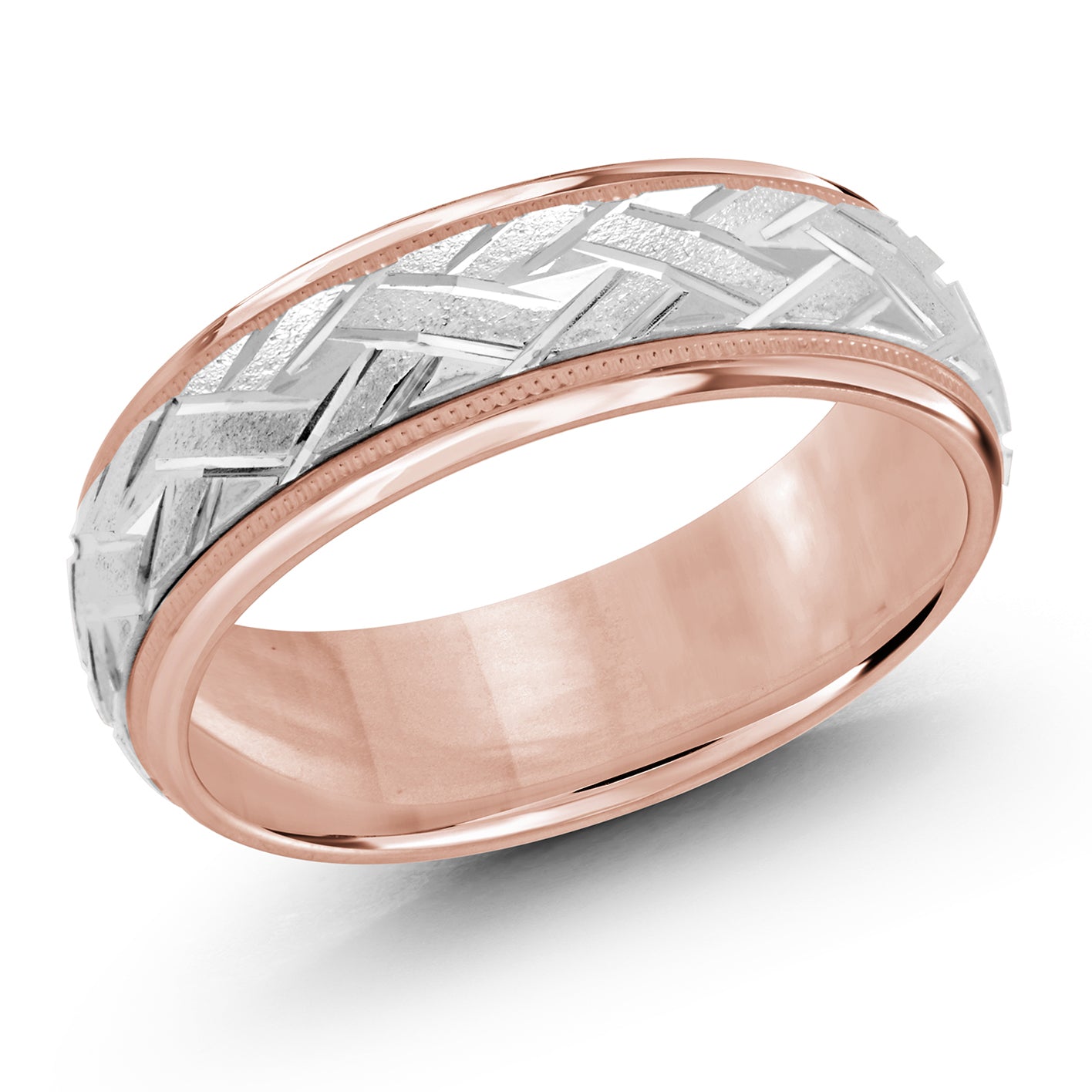 7mm 14K Rose and White Gold Interlaced Geometric Wedding Band