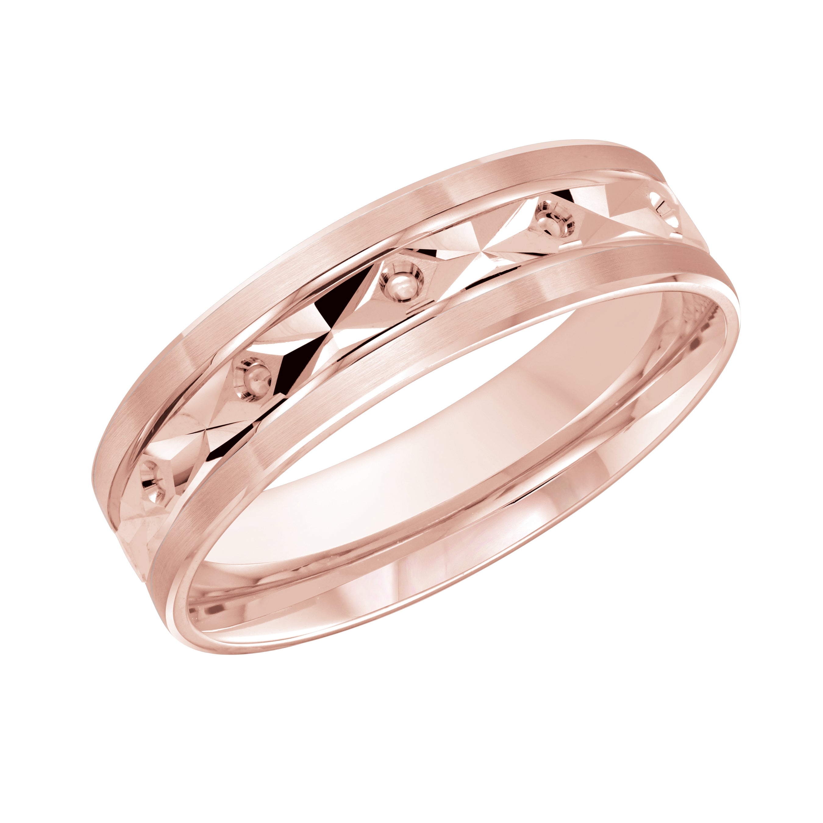 6mm 18K Rose Gold Faceted Pattern Wedding Band
