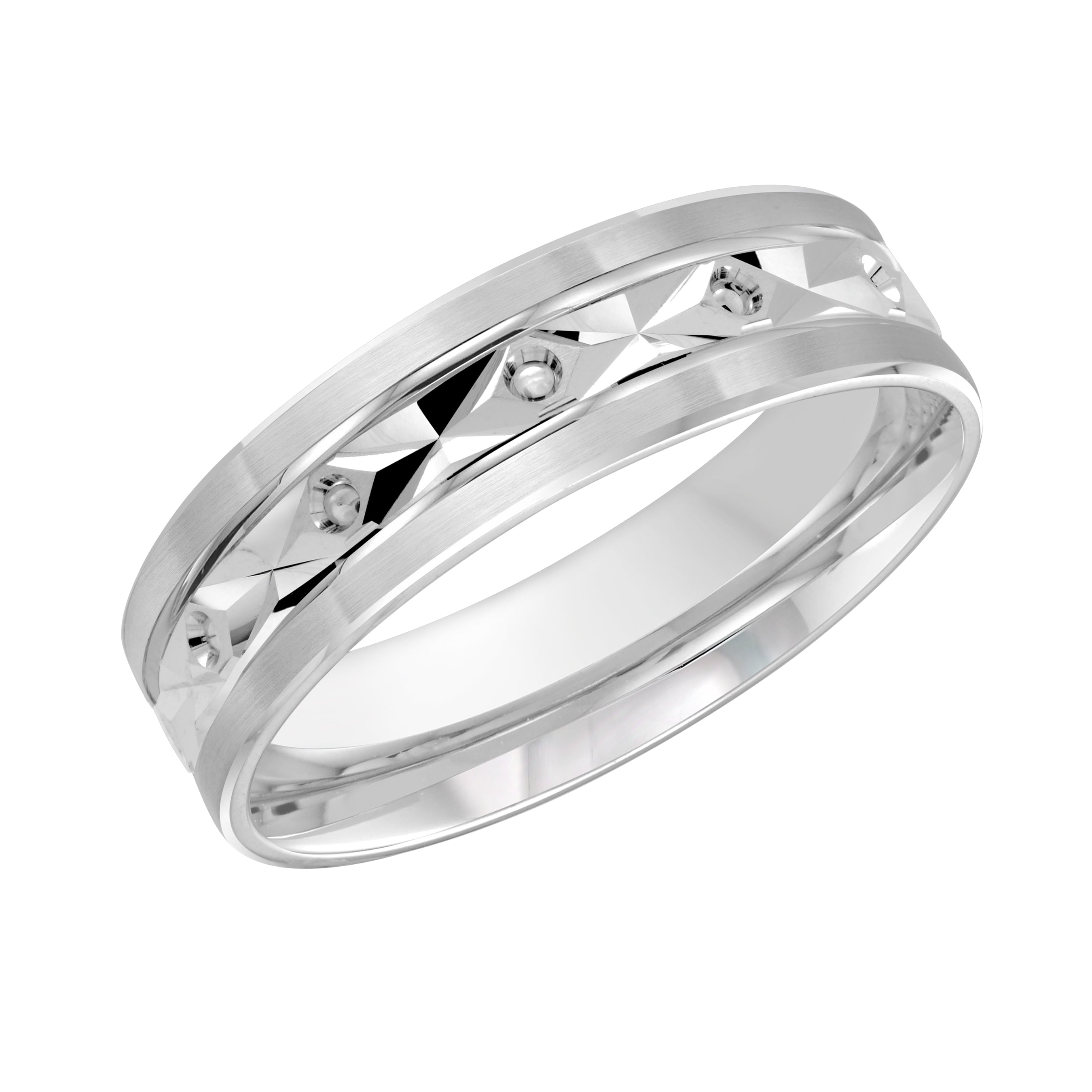 6mm 18K White Gold Faceted Pattern Wedding Band