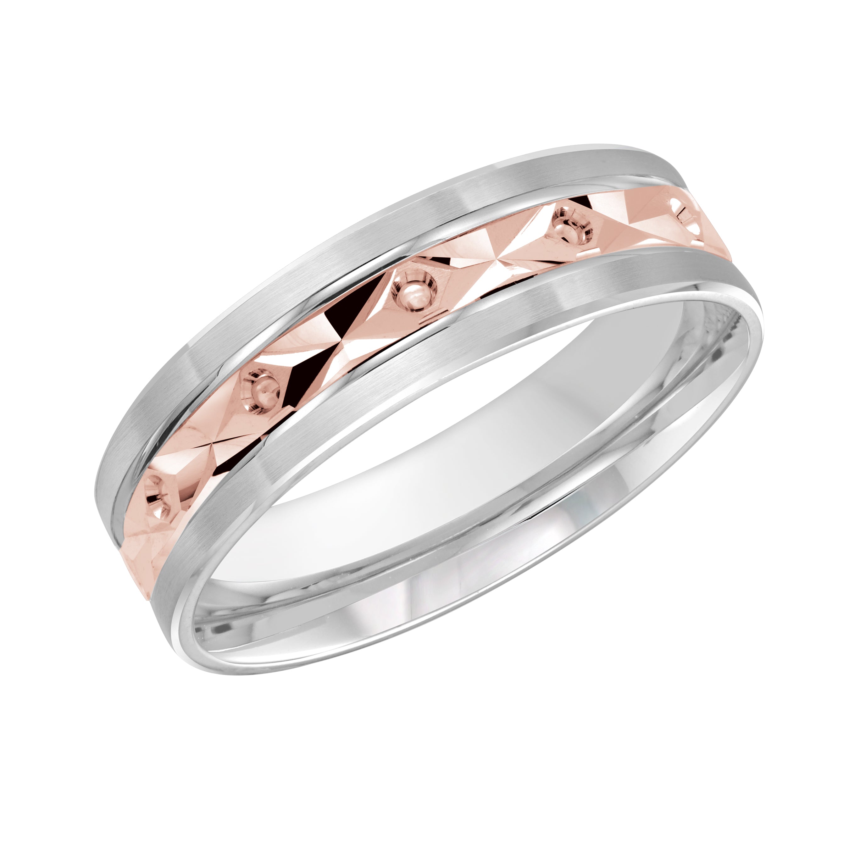 6mm White and Rose Two-Tone Faceted Pattern Wedding Band