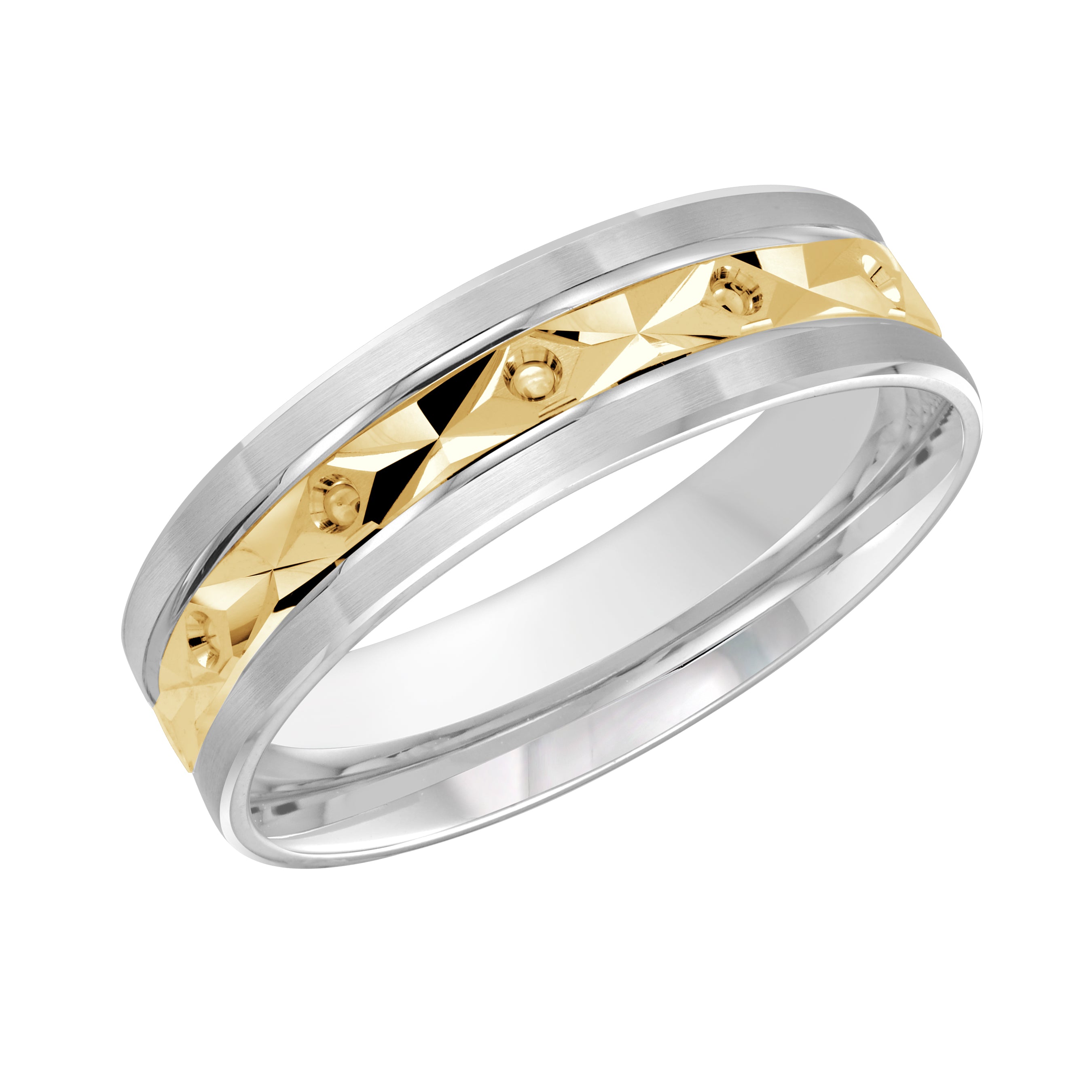 6mm White and Yellow Two-Tone Faceted Pattern Wedding Band