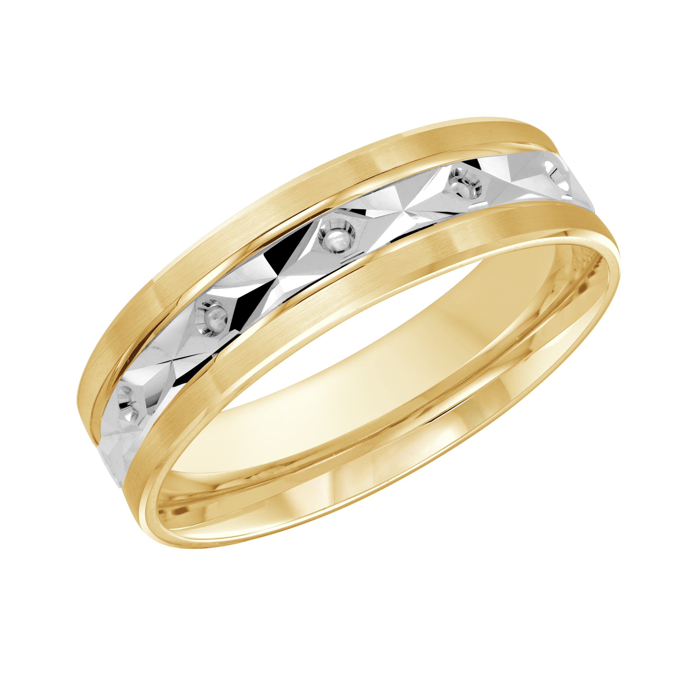 6mm 18K Yellow and White Gold Faceted Pattern Wedding Band