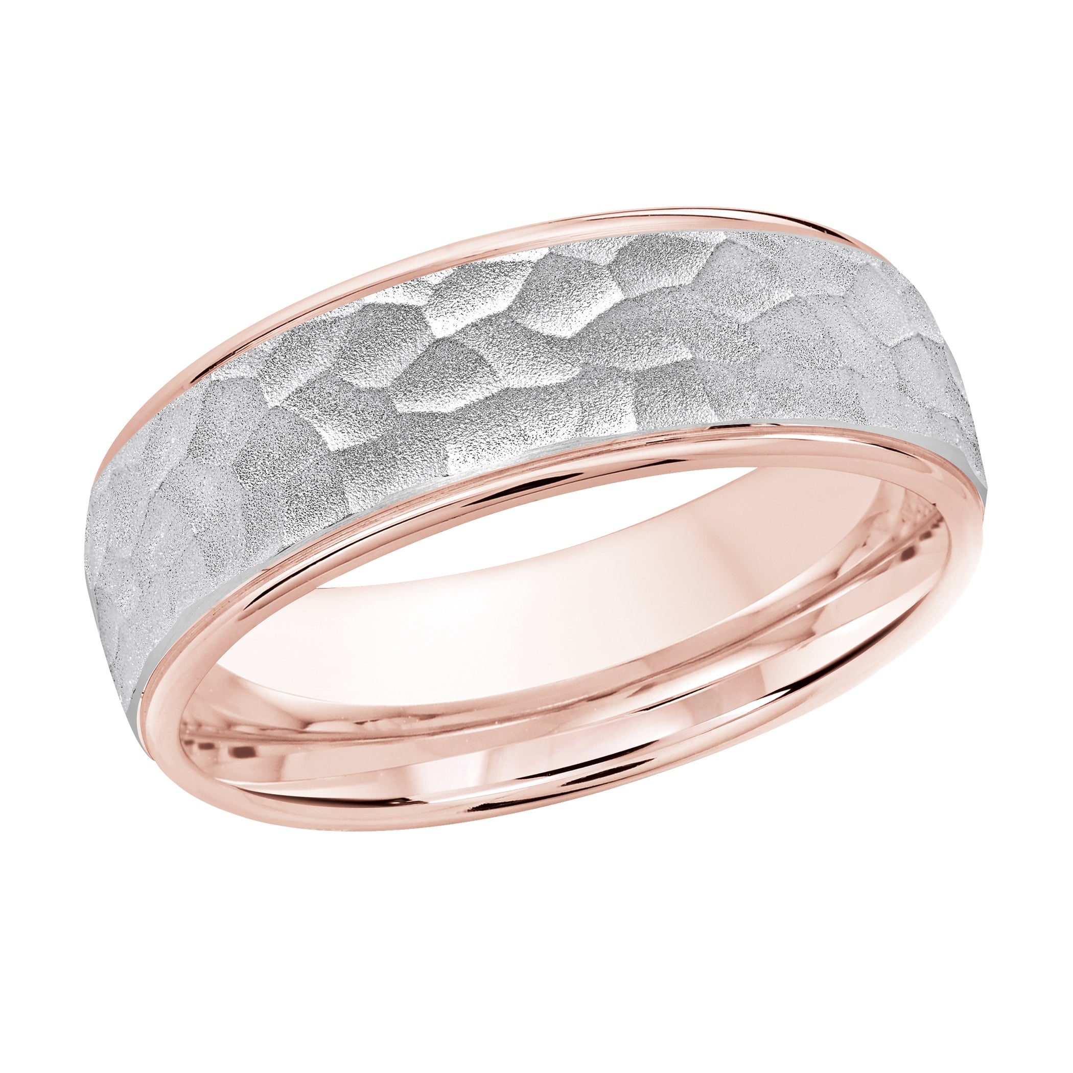 7mm 10K Rose and White Gold Hammered Wedding Band