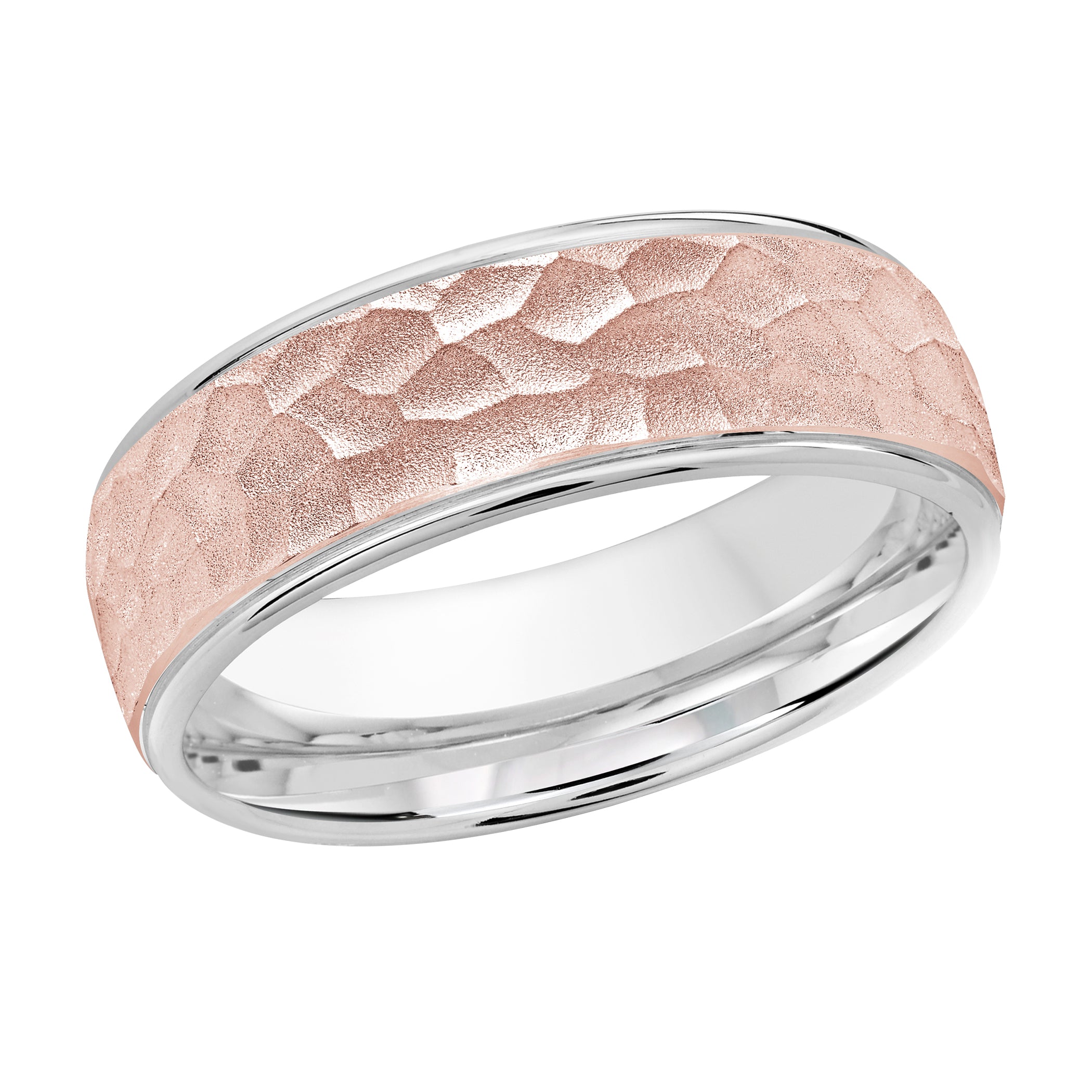 7mm 14K White and Rose Gold Hammered Wedding Band