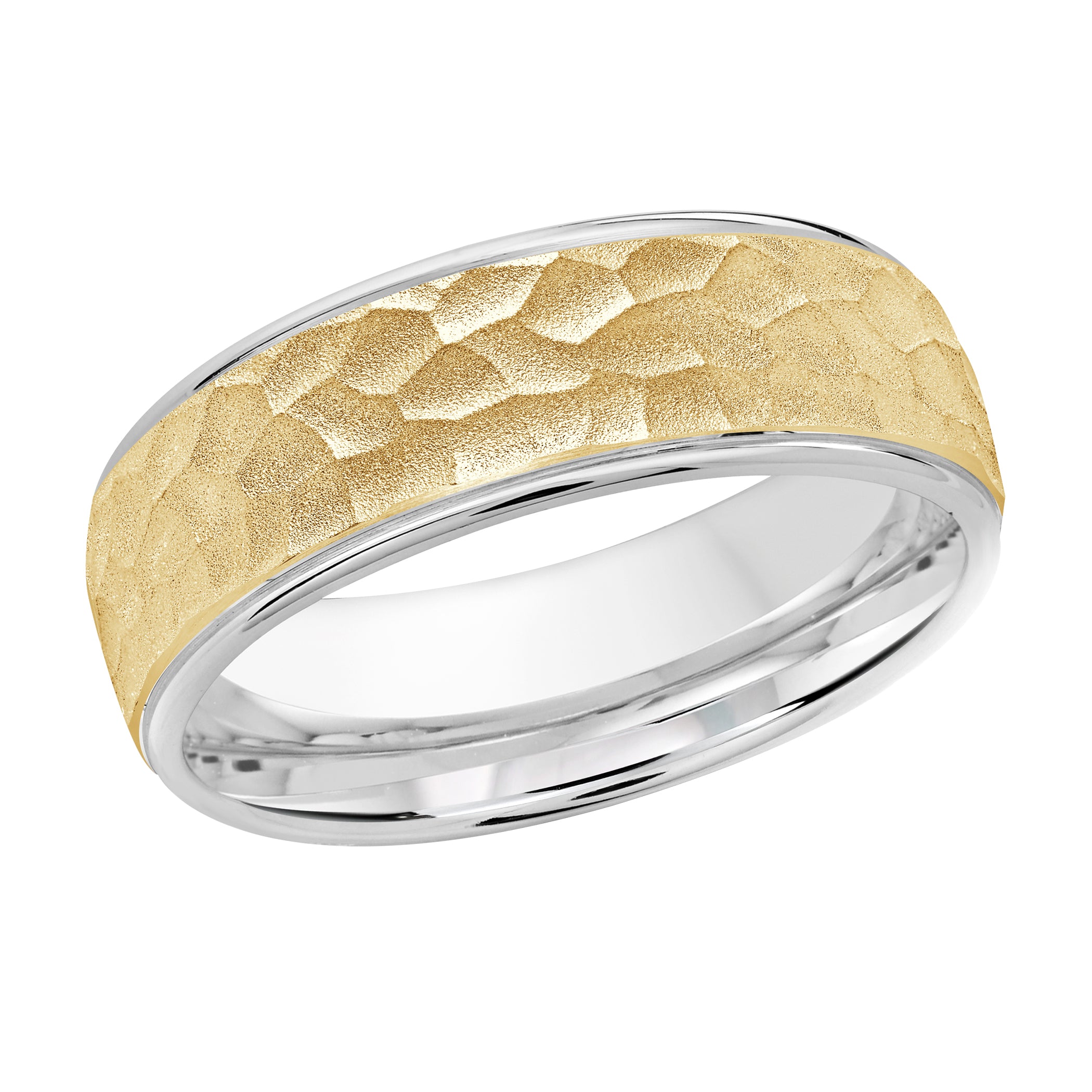 7mm White and Yellow Two-Tone Hammered Wedding Band