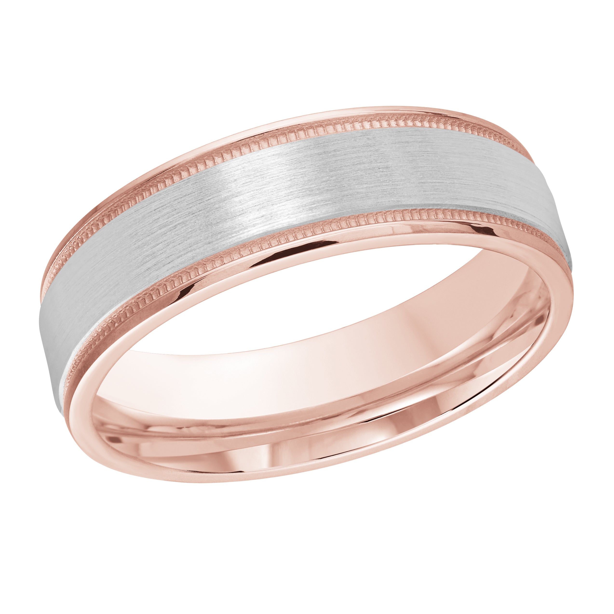 6mm 14K Rose and White Gold Satin Beaded-Edge Wedding Band