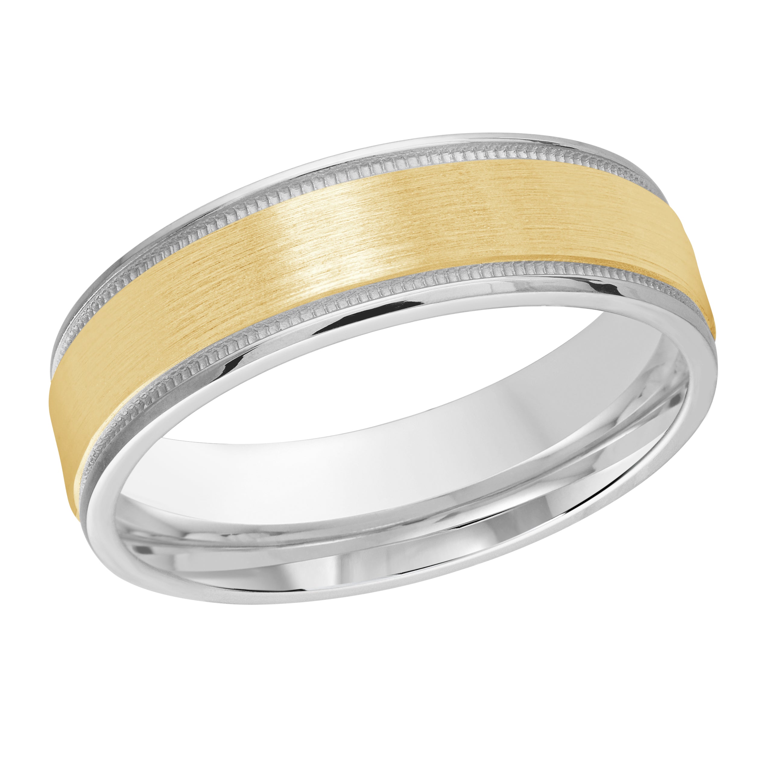 6mm 10K White and Yellow Gold Satin Beaded-Edge Wedding Band