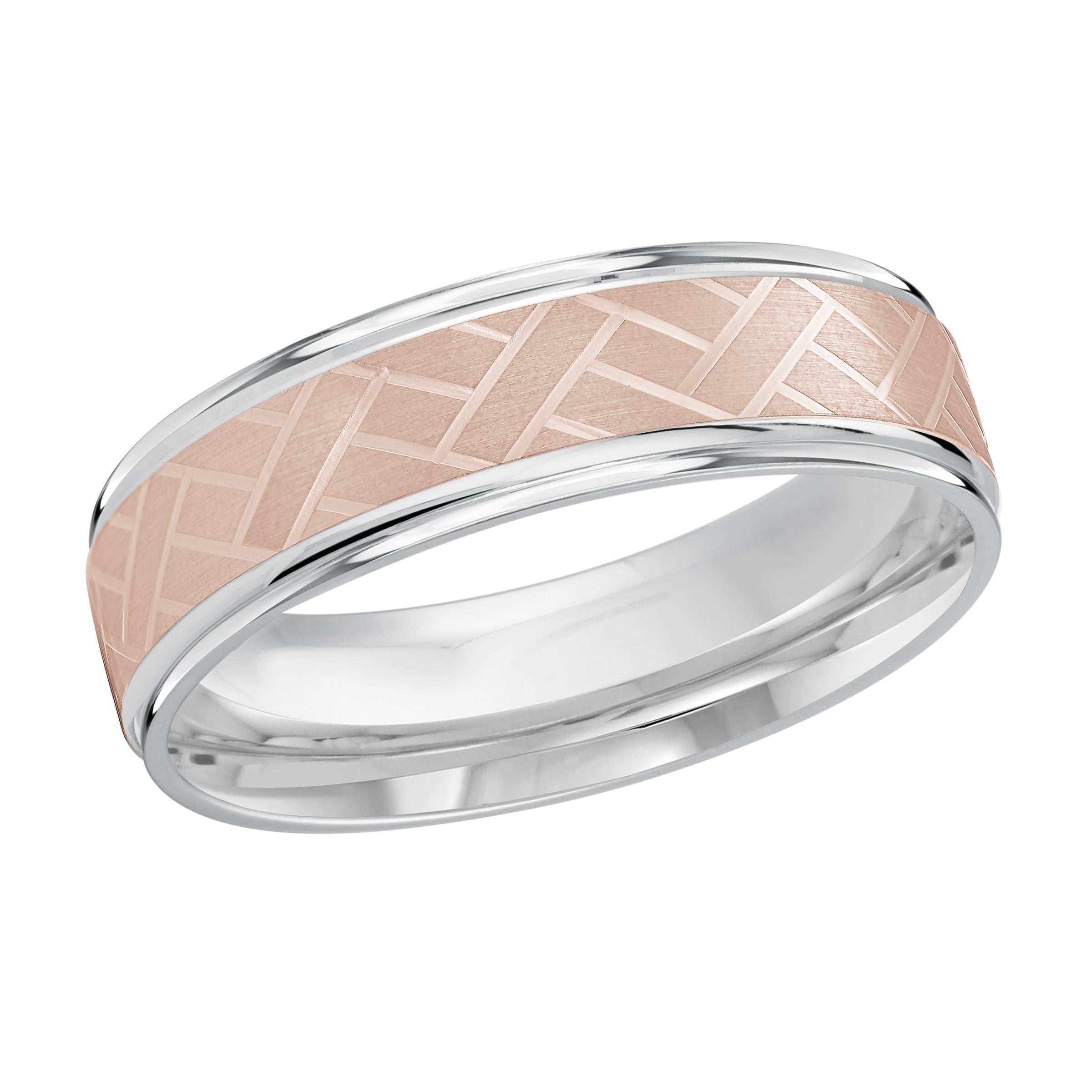 6mm 14K White and Rose Gold Crosshatch Pattern Wedding Band