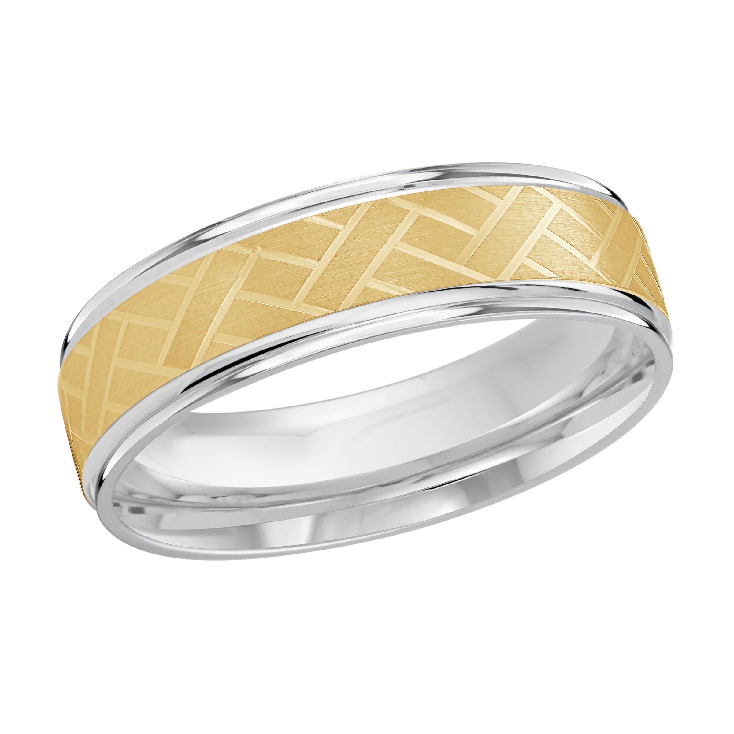 6mm 18K White and Yellow Gold Crosshatch Pattern Wedding Band