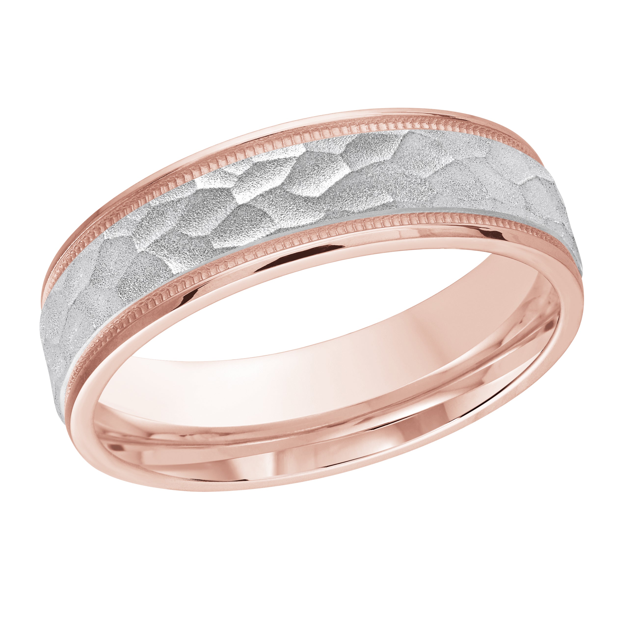 6mm Rose and White Two-Tone Hammered Beaded-Edge Wedding Band