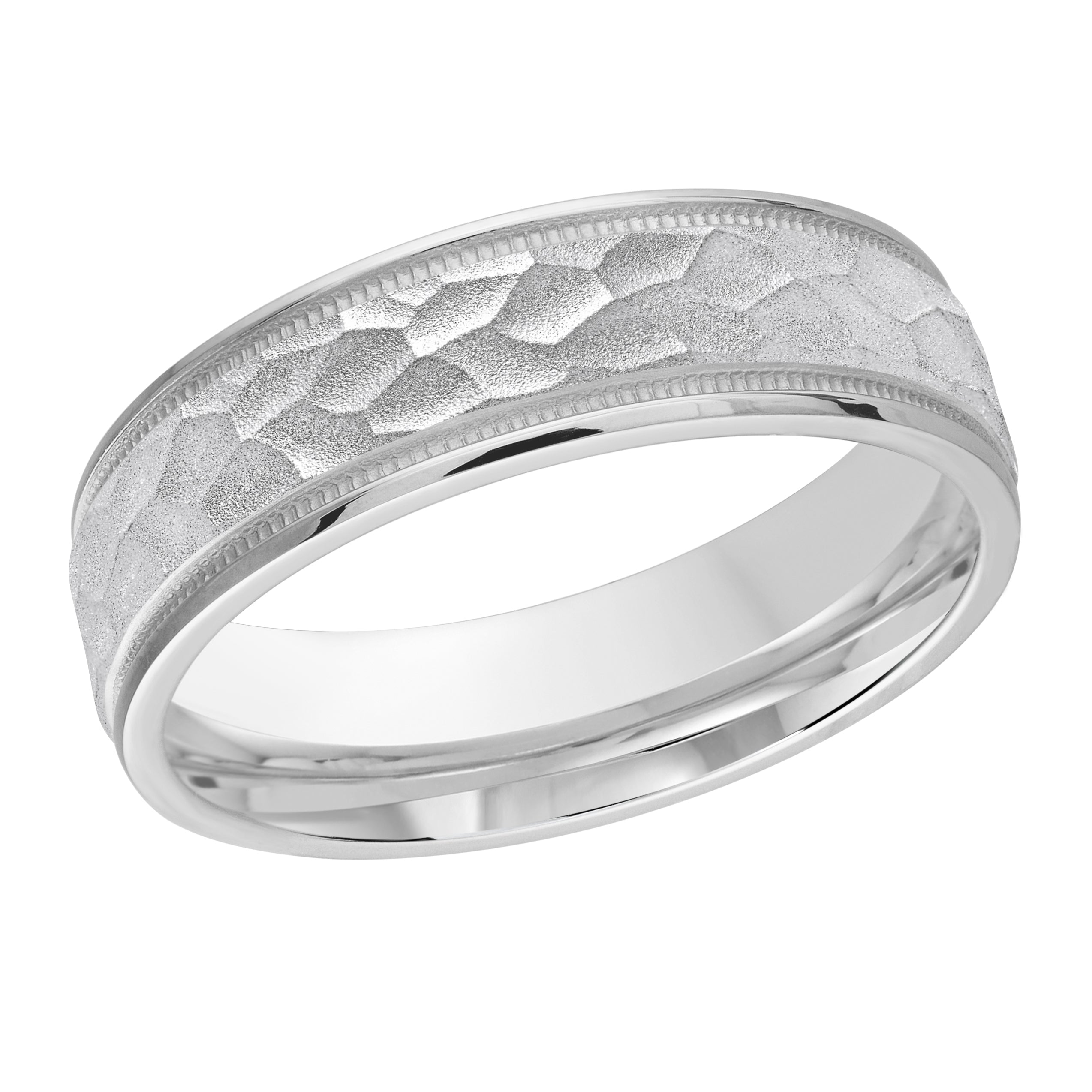 6mm 14K White Gold Hammered Beaded-Edge Wedding Band