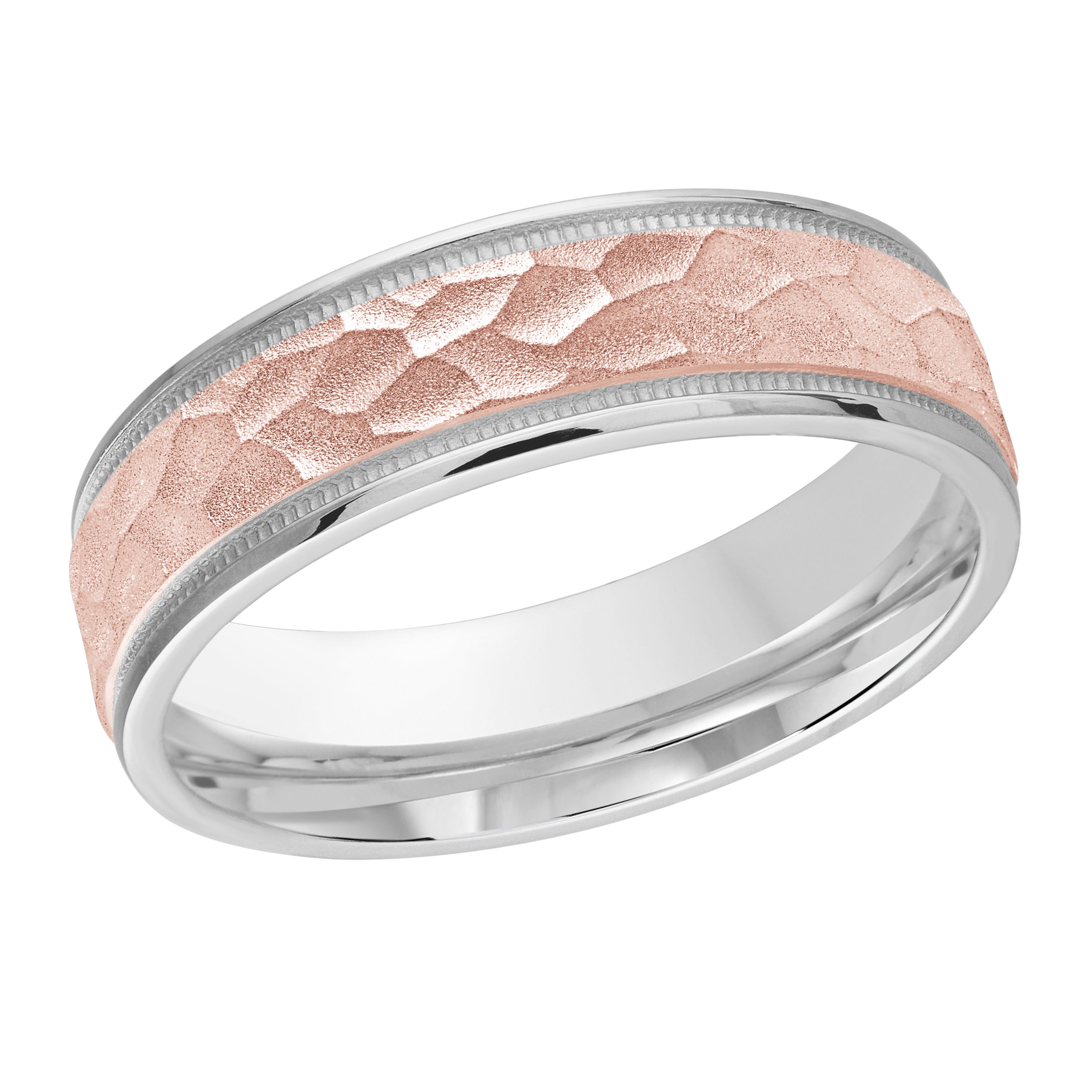 6mm 10K White and Rose Gold Hammered Beaded-Edge Wedding Band