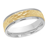 6mm White and Yellow Two-Tone Hammered Beaded-Edge Wedding Band