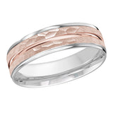 7mm White and Rose Two-Tone Hammered Grooved Wedding Band