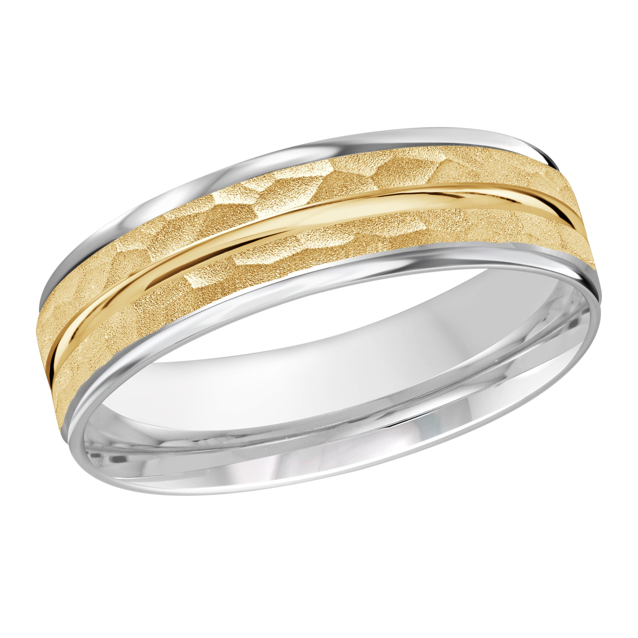7mm White and Yellow Two-Tone Hammered Grooved Wedding Band