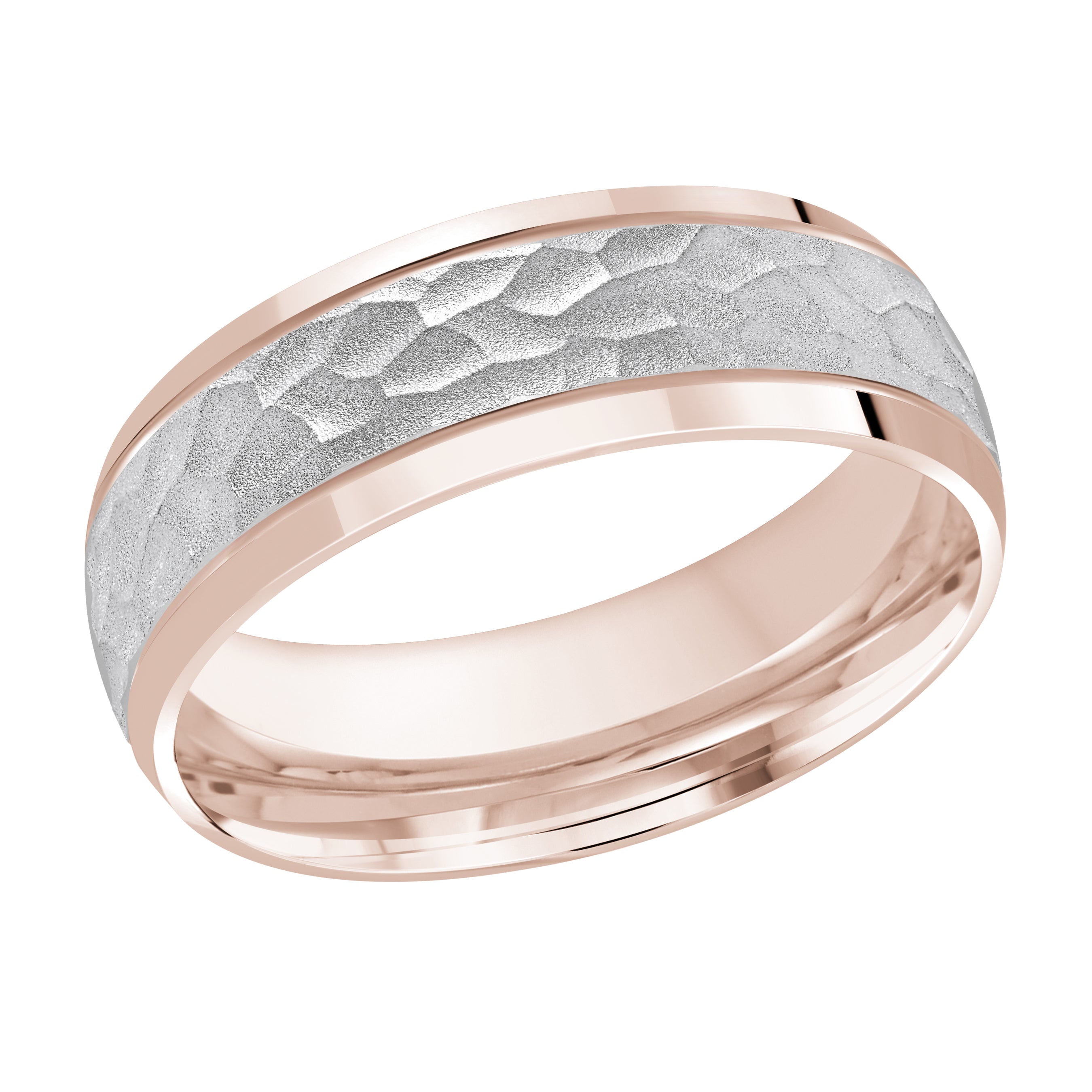 7mm 18K Rose and White Gold Hammered Beveled-Edge Wedding Band