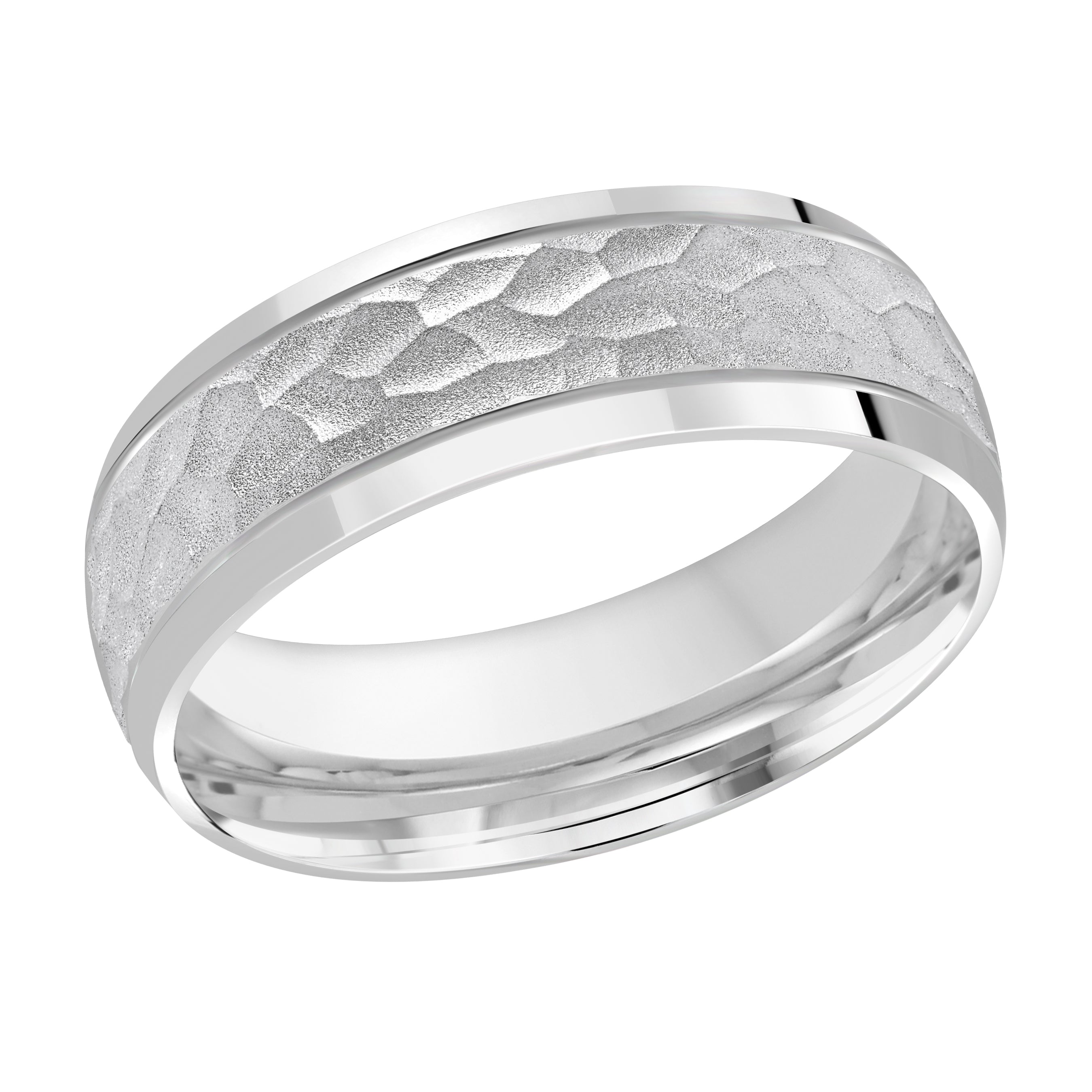 7mm White-Tone Hammered Beveled-Edge Wedding Band