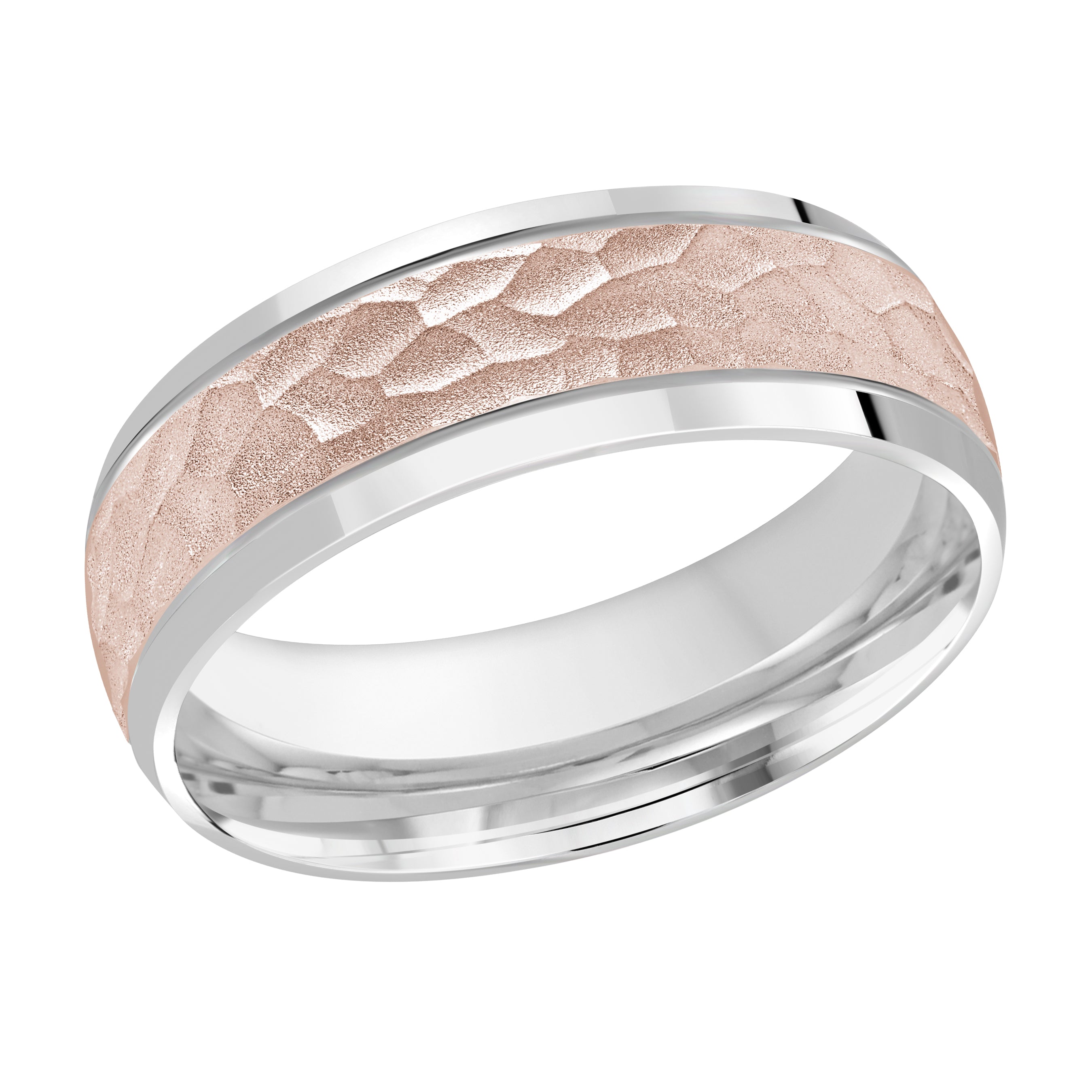 7mm White and Rose Two-Tone Hammered Beveled-Edge Wedding Band