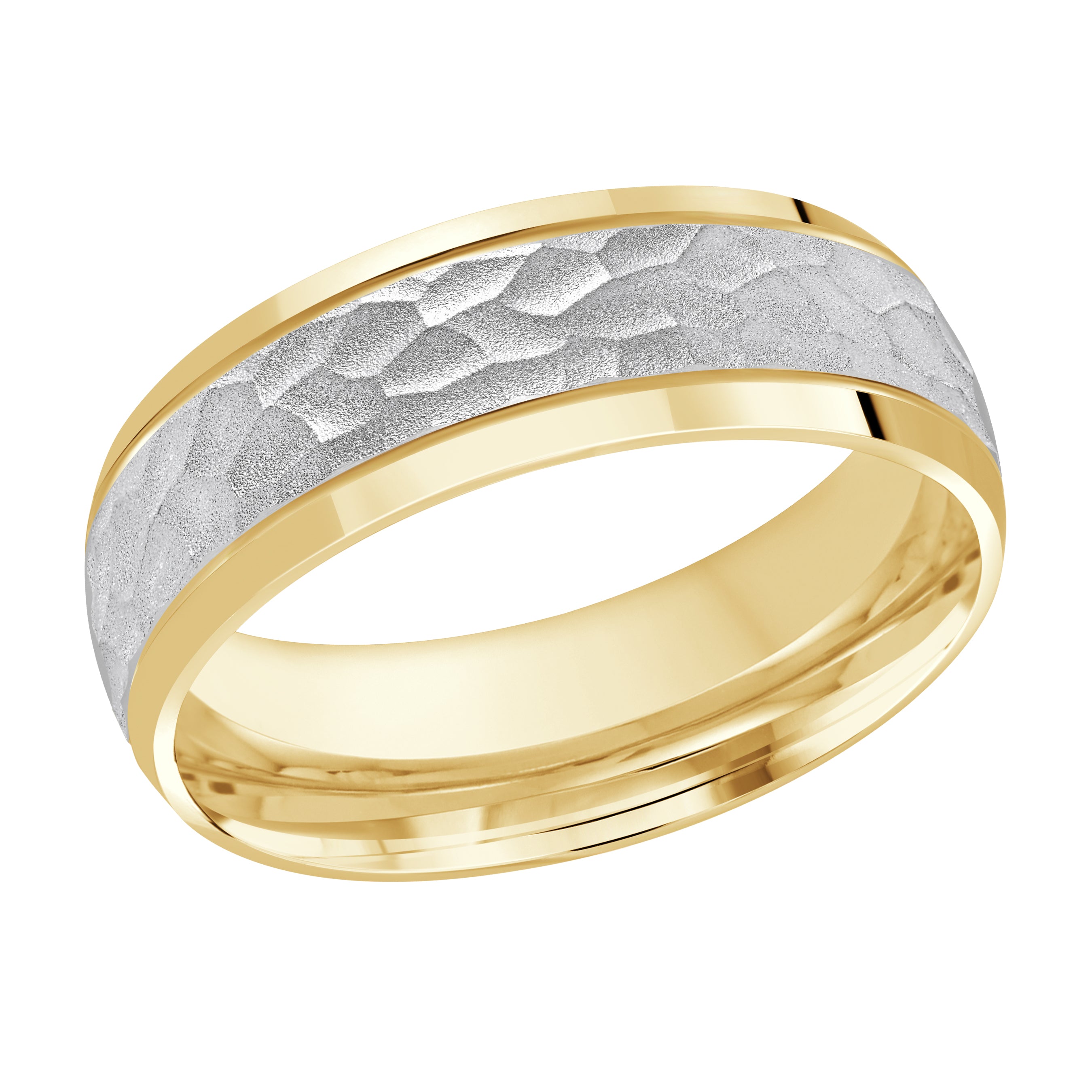 7mm 14K Yellow and White Gold Hammered Beveled-Edge Wedding Band