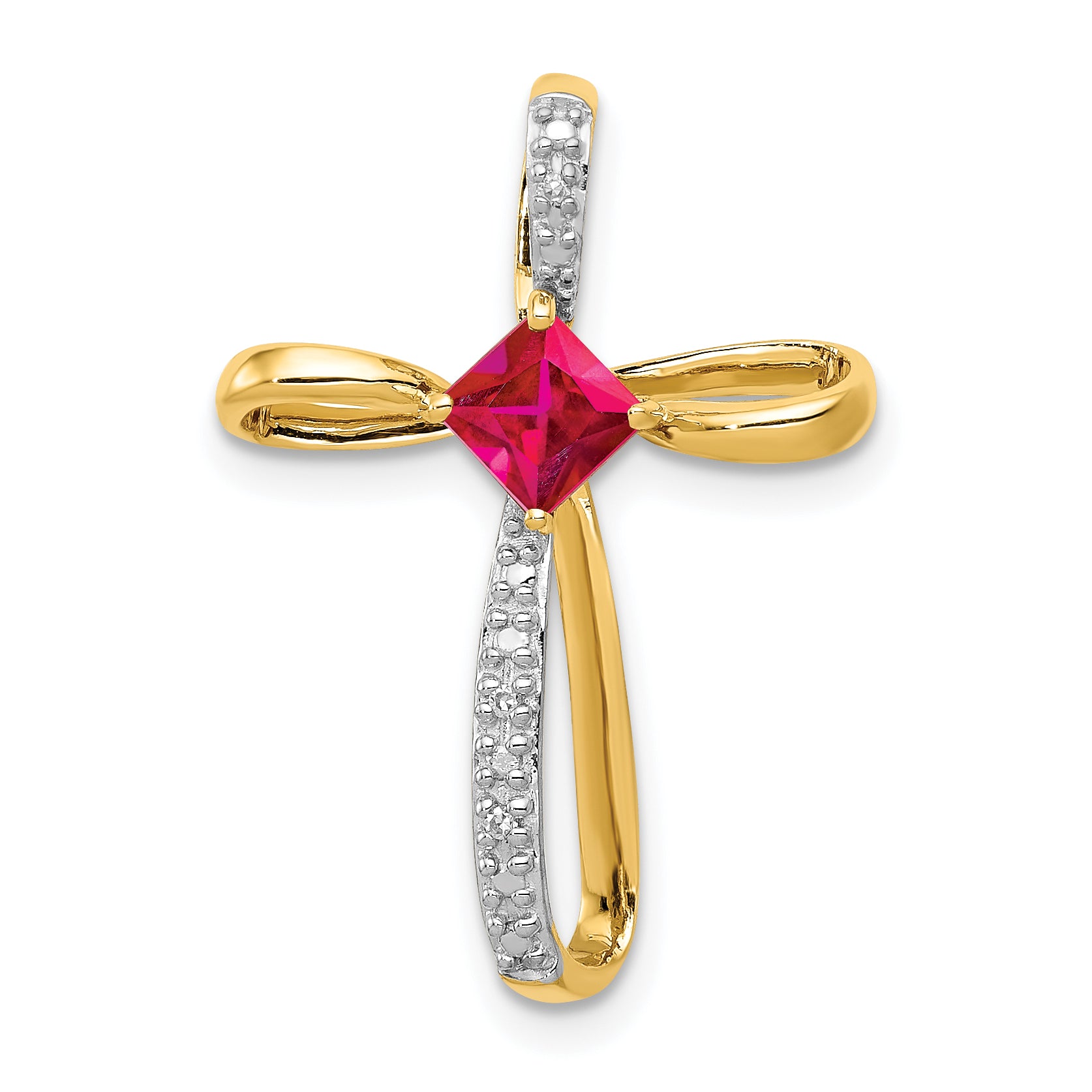 14k and Rhodium Lab Created Ruby and Diamond Cross Slide