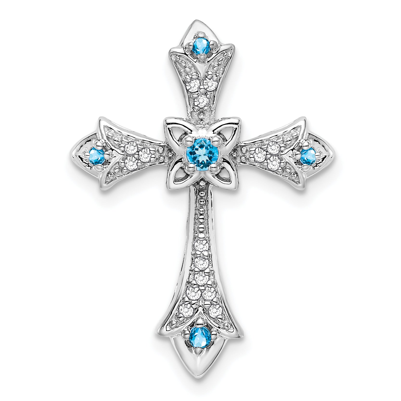 14k White Gold Blue Topaz and Diamond Fleur de Lis Cross Chain Slide
