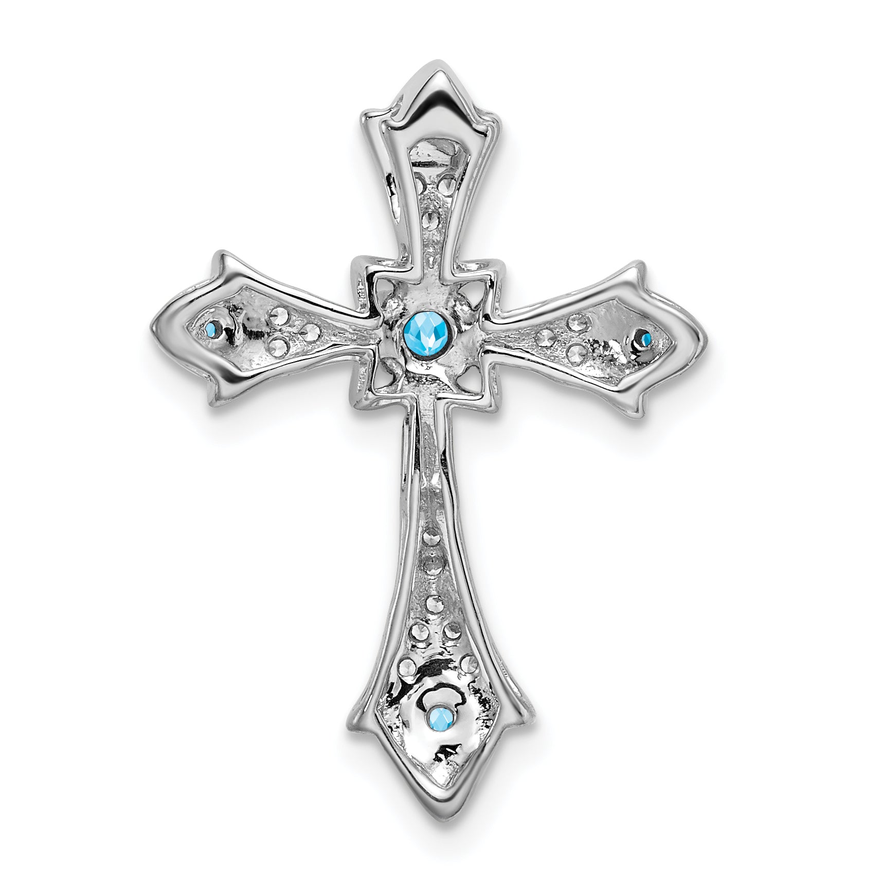 14k White Gold Blue Topaz and Diamond Fleur de Lis Cross Chain Slide