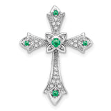 14k White Gold Emerald and Diamond Fleur de Lis Cross Chain Slide
