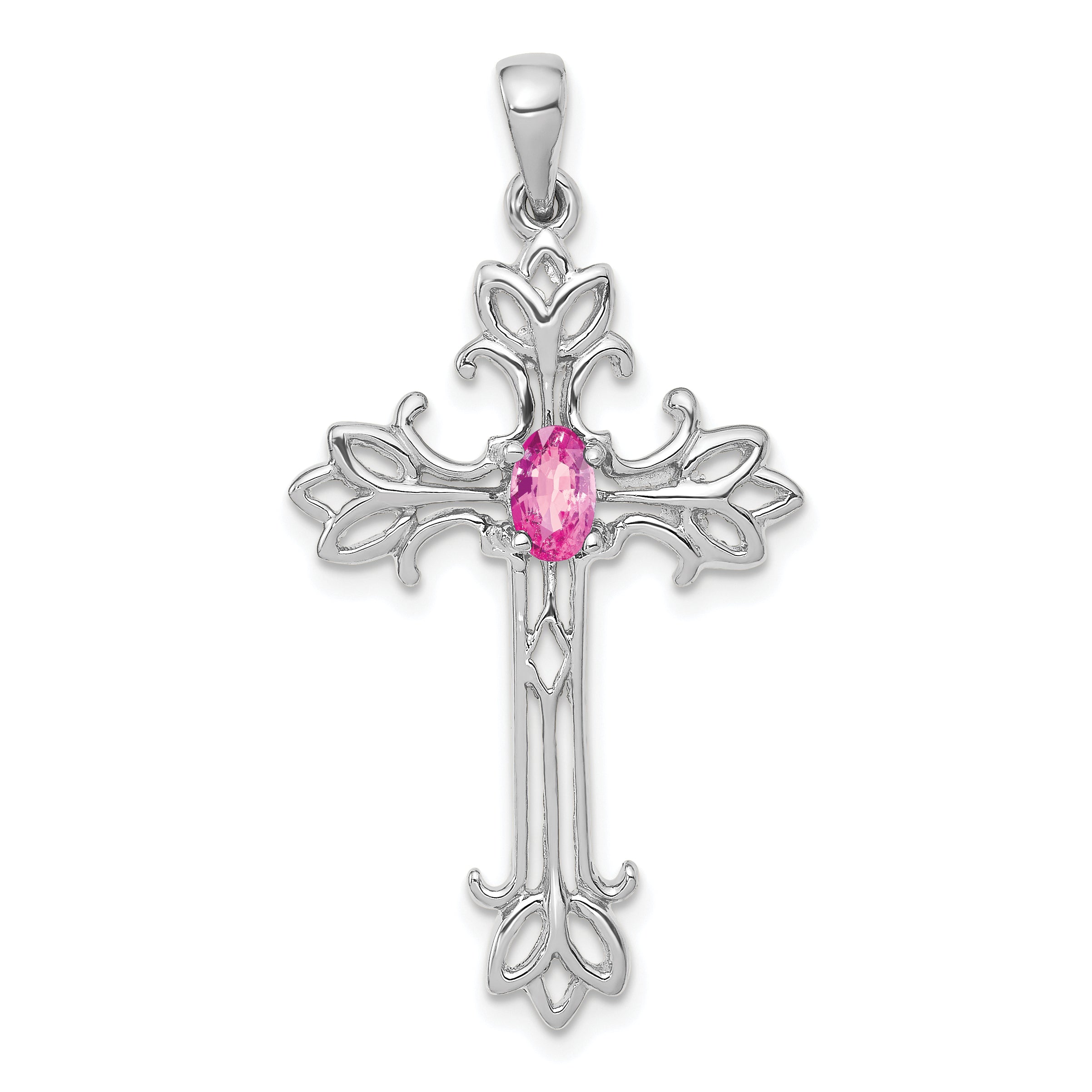 14k White Gold 5x3mm Oval Pink Sapphire cross pendant